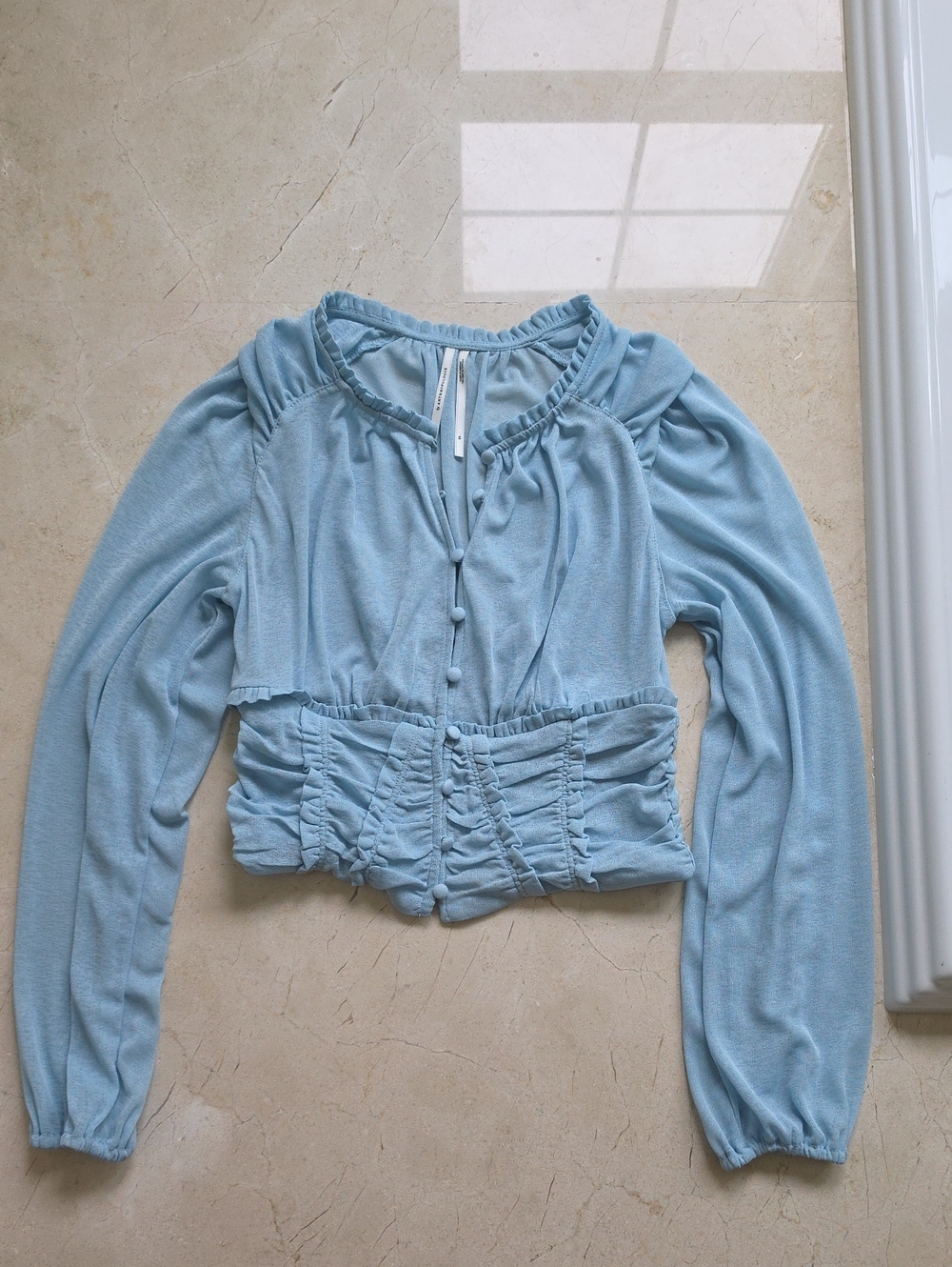 Anthropologie Sky Blue Ruched Button-Front Crop Top